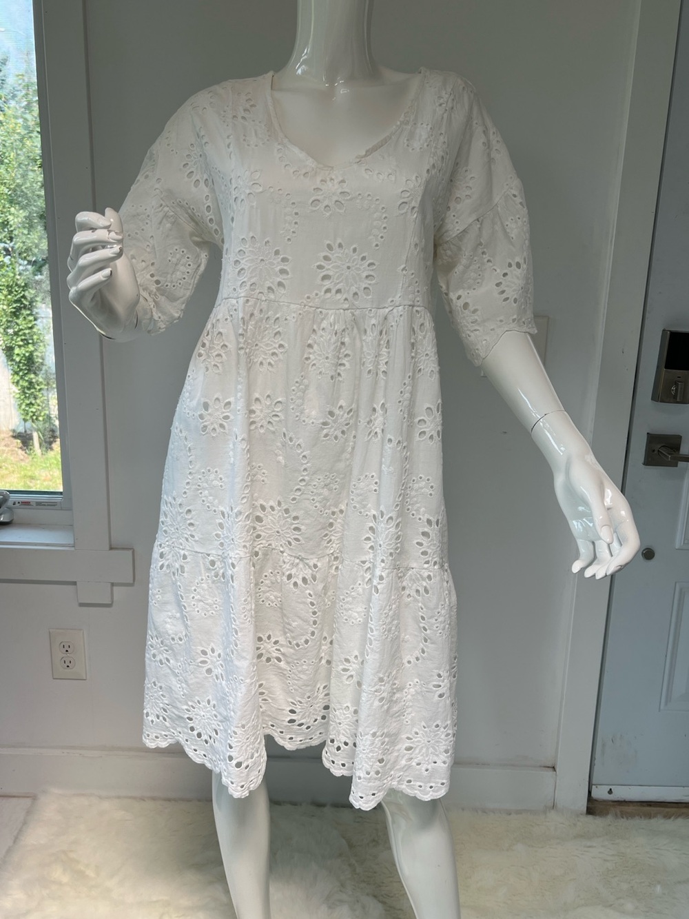 Valentina Naldi White Eyelet Midi Dress 100% cotton Made in Italy Romantic